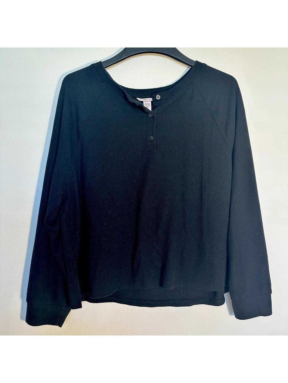 Victoria Secret Thermal Henley Womens Large Black Crop Waffle Knit